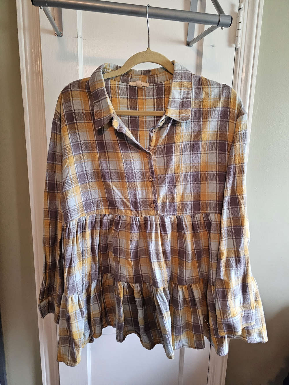 easel Yellow, Light Blue + Gray Plaid Tiered Peplum Tunic